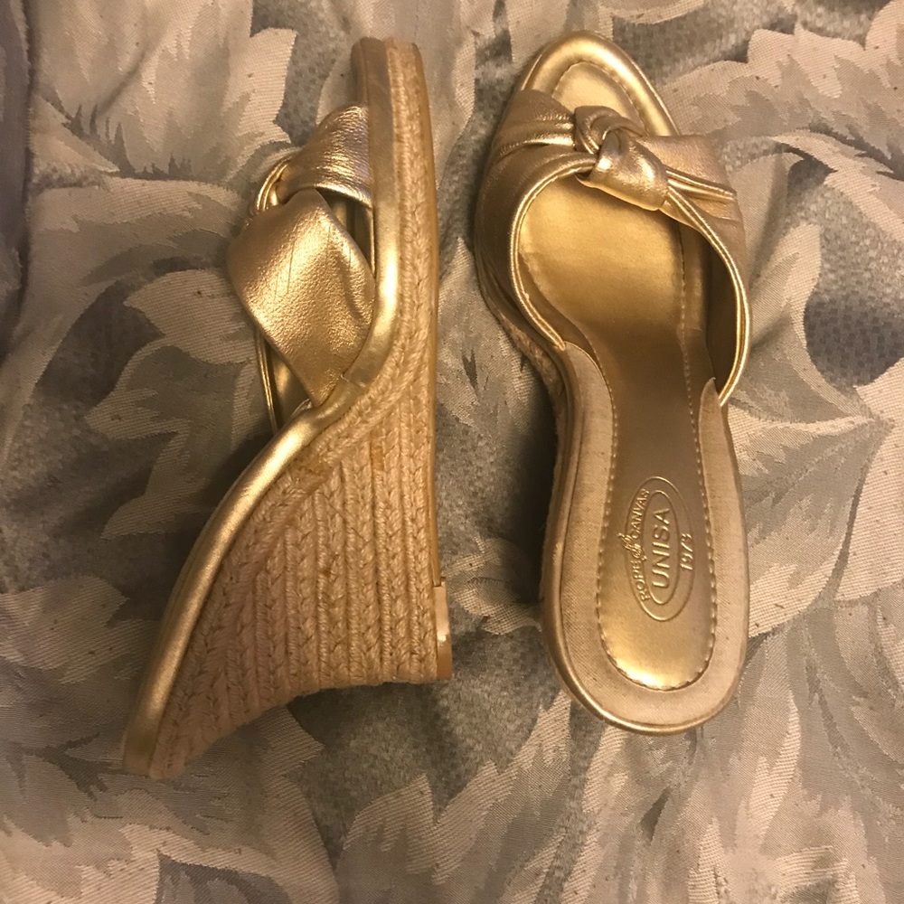 Gold Rope Canvas Wedge Sandals
